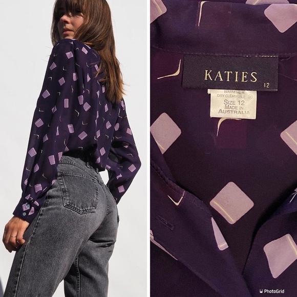 VINTAGE 80'S PURPLE ABSTRACT BLOUSE - Picture 2 of 4